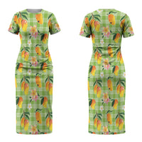 Aloha Hawaii Palaka Print Mango Plumeria Couples Matching Short Sleeve Bodycon Dress and Hawaiian Shirt Cool Mint