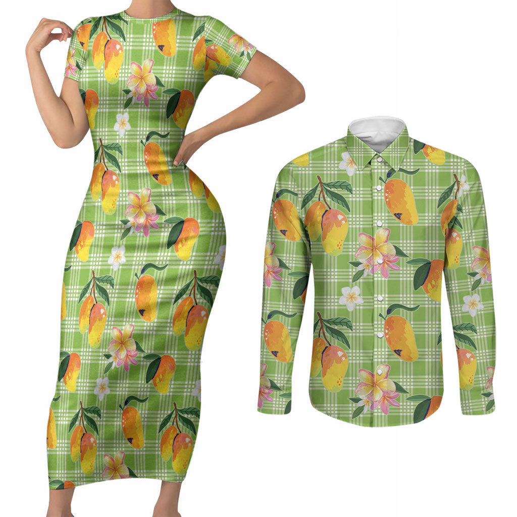 Aloha Hawaii Palaka Print Mango Plumeria Couples Matching Short Sleeve Bodycon Dress and Long Sleeve Button Shirt Cool Mint