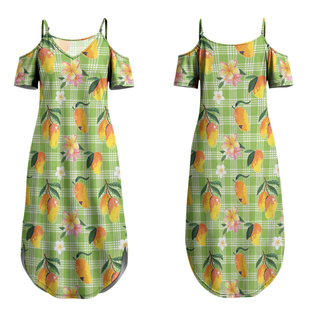 Aloha Hawaii Palaka Print Mango Plumeria Couples Matching Summer Maxi Dress and Hawaiian Shirt Cool Mint