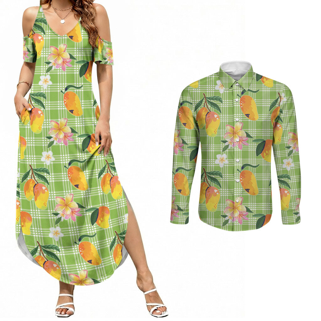 Aloha Hawaii Palaka Print Mango Plumeria Couples Matching Summer Maxi Dress and Long Sleeve Button Shirt Cool Mint