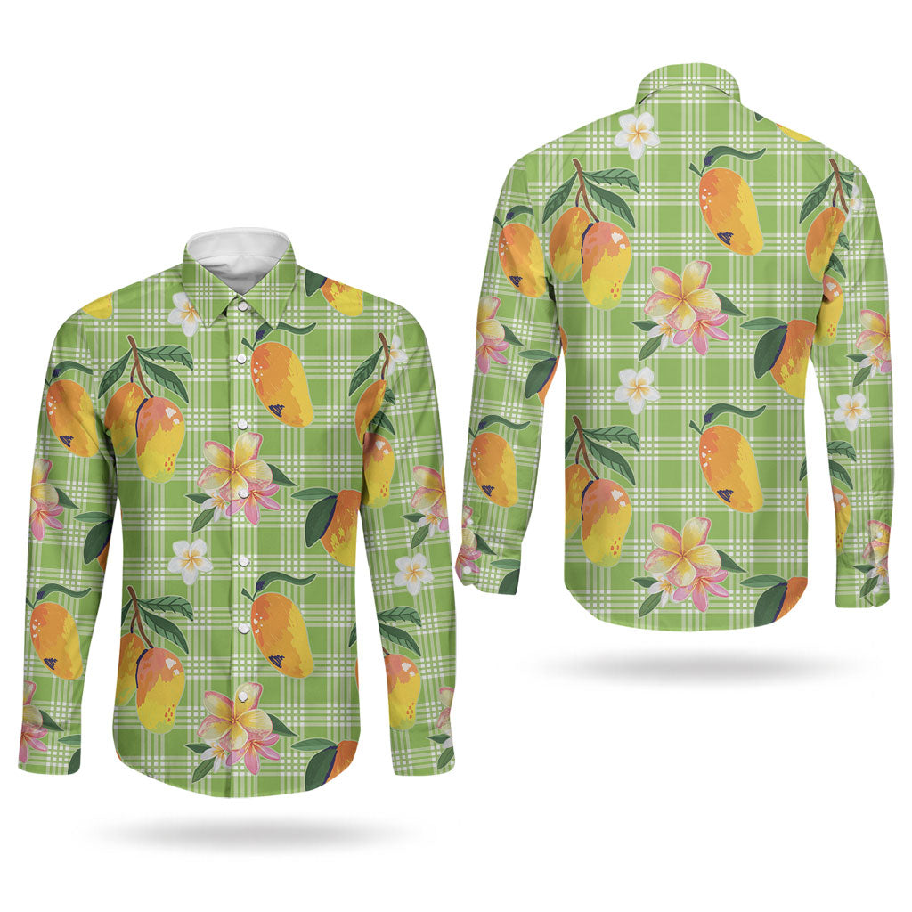 Aloha Hawaii Palaka Print Mango Plumeria Couples Matching Summer Maxi Dress and Long Sleeve Button Shirt Cool Mint