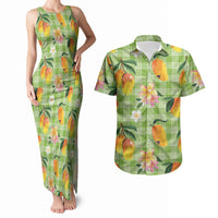 Aloha Hawaii Palaka Print Mango Plumeria Couples Matching Tank Maxi Dress and Hawaiian Shirt Cool Mint