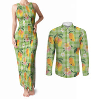 Aloha Hawaii Palaka Print Mango Plumeria Couples Matching Tank Maxi Dress and Long Sleeve Button Shirt Cool Mint