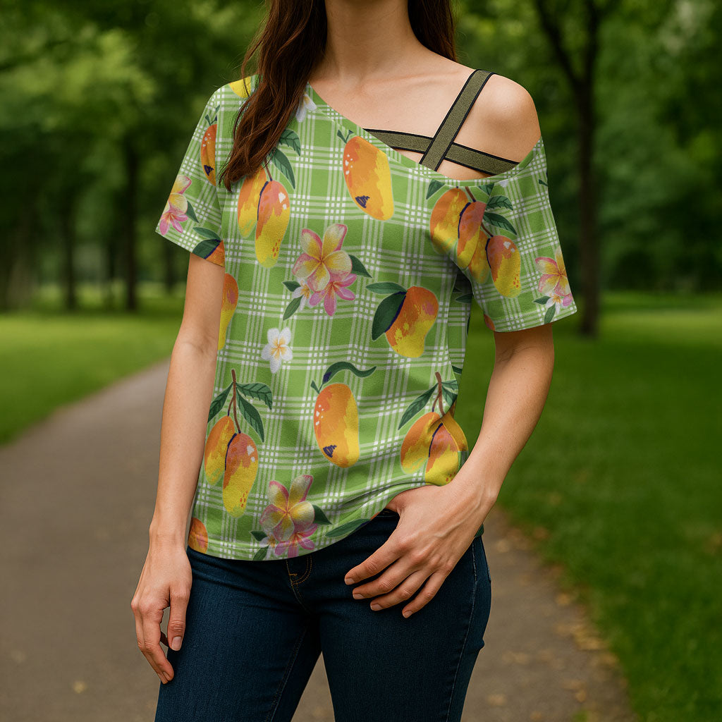Aloha Hawaii Palaka Print Mango Plumeria Cross Shoulder Shirt Cool Mint