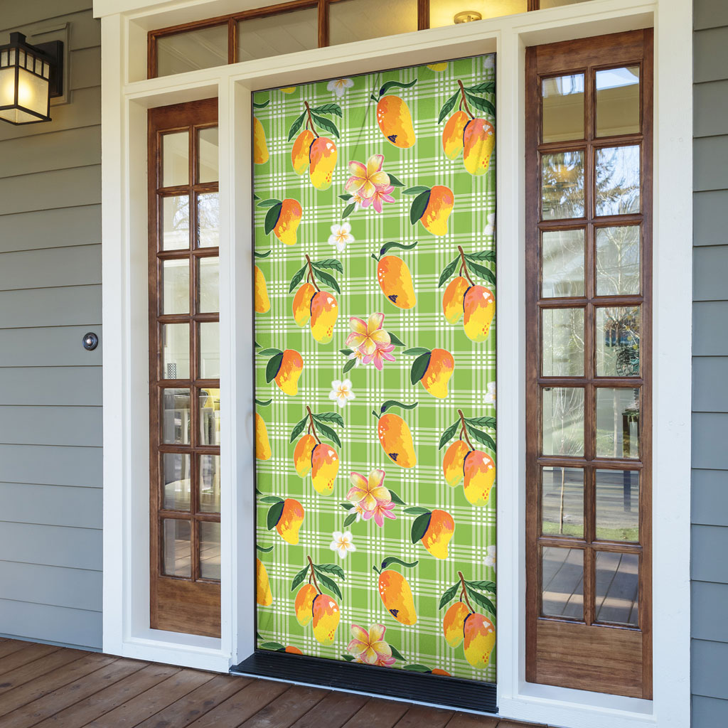 Aloha Hawaii Palaka Print Mango Plumeria Door Cover Cool Mint
