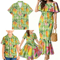Aloha Hawaii Palaka Print Mango Plumeria Family Matching Mermaid Dress and Hawaiian Shirt Cool Mint