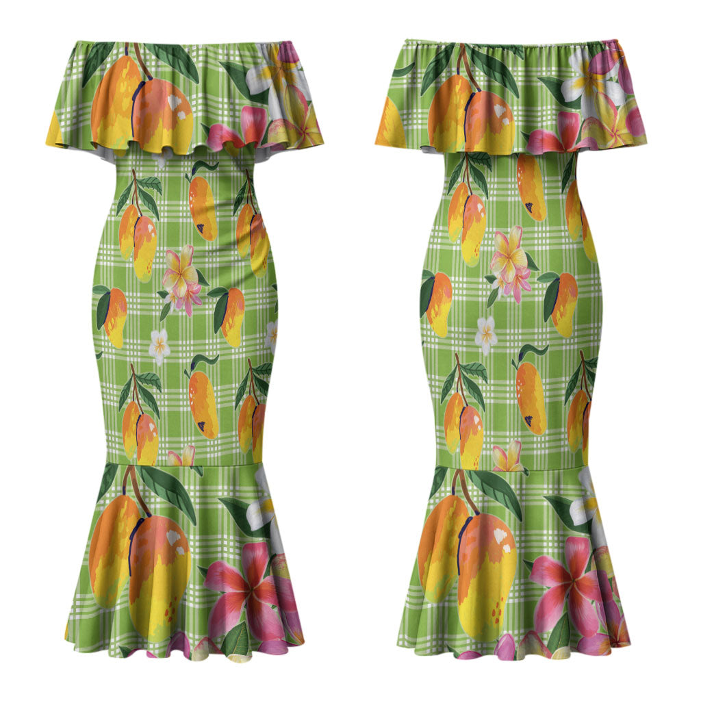 Aloha Hawaii Palaka Print Mango Plumeria Family Matching Mermaid Dress and Hawaiian Shirt Cool Mint