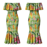 Aloha Hawaii Palaka Print Mango Plumeria Family Matching Mermaid Dress and Hawaiian Shirt Cool Mint