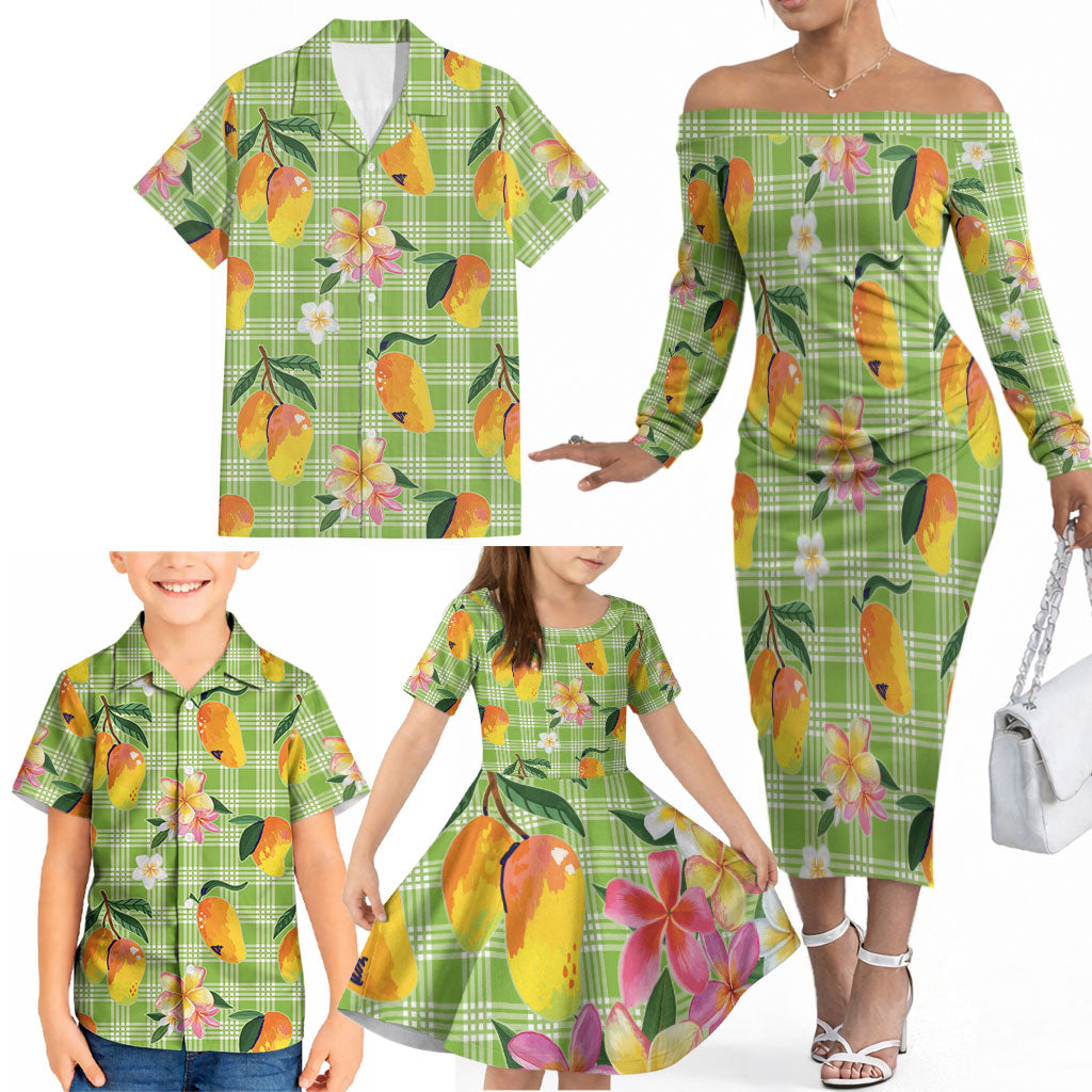 Aloha Hawaii Palaka Print Mango Plumeria Family Matching Off The Shoulder Long Sleeve Dress and Hawaiian Shirt Cool Mint