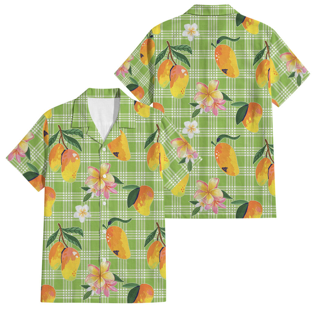 Aloha Hawaii Palaka Print Mango Plumeria Family Matching Off The Shoulder Long Sleeve Dress and Hawaiian Shirt Cool Mint
