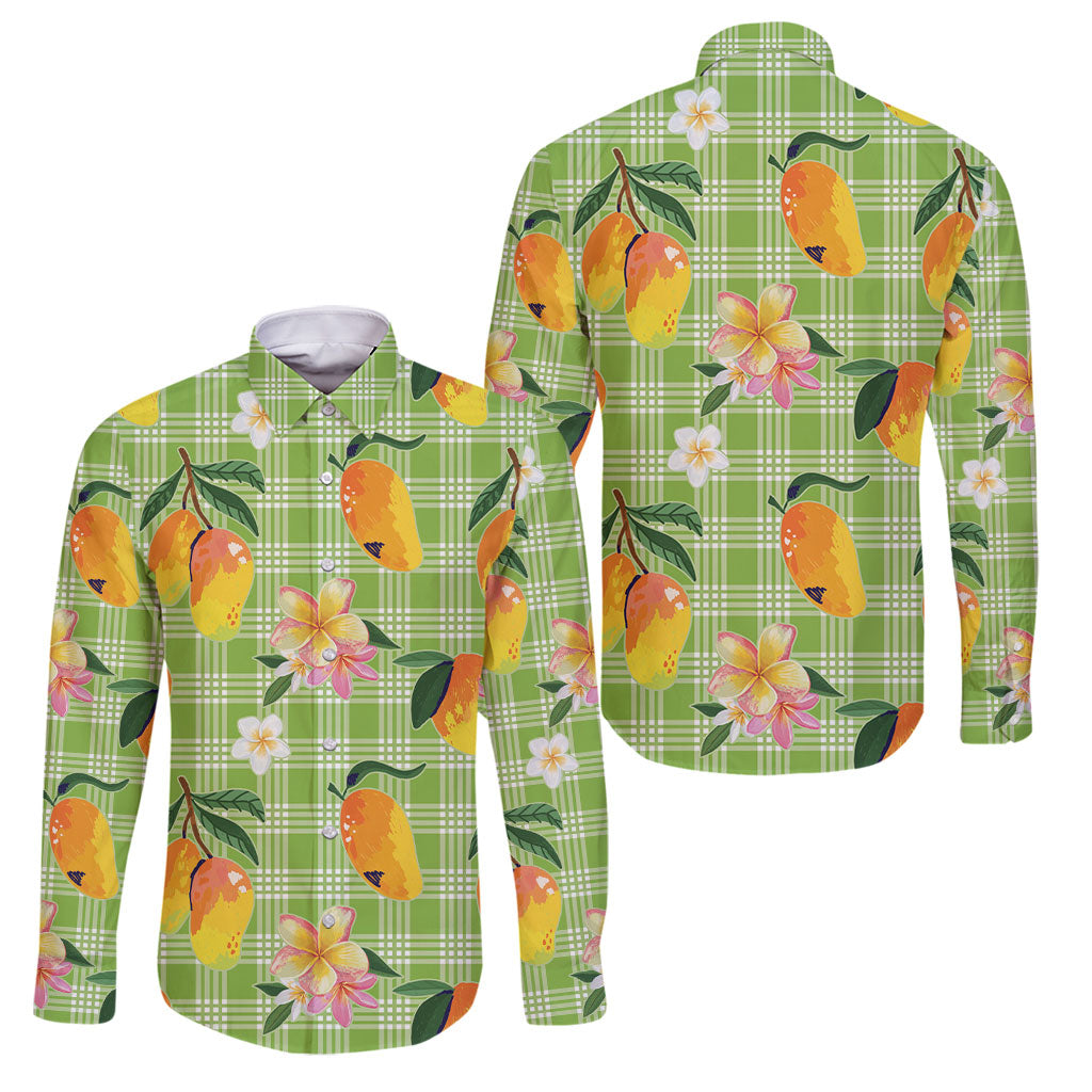 Aloha Hawaii Palaka Print Mango Plumeria Family Matching Off The Shoulder Long Sleeve Dress and Hawaiian Shirt Cool Mint