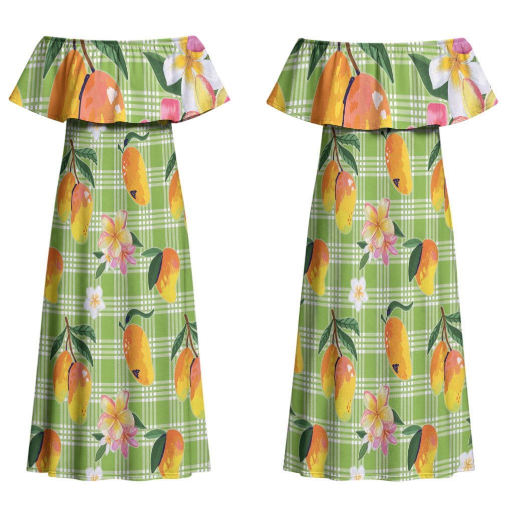 Aloha Hawaii Palaka Print Mango Plumeria Family Matching Off Shoulder Maxi Dress and Hawaiian Shirt Cool Mint