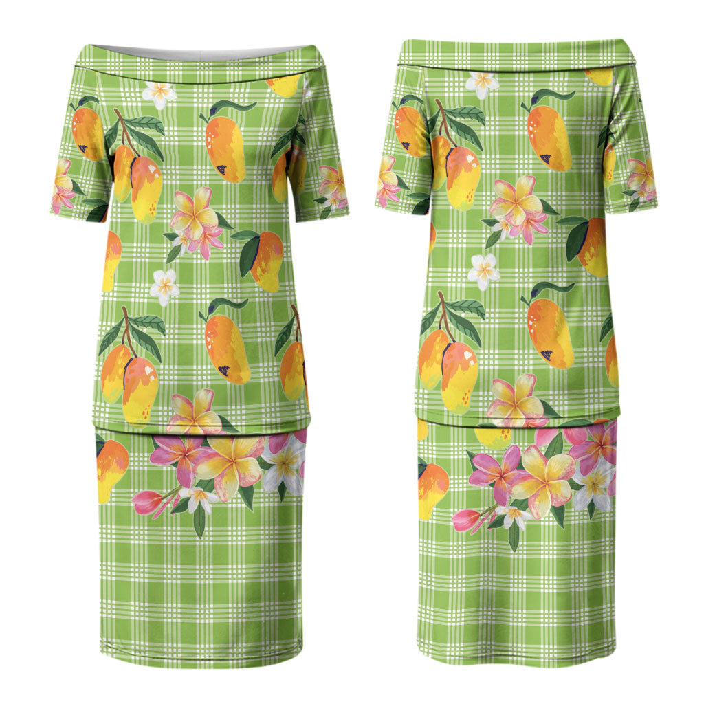 Aloha Hawaii Palaka Print Mango Plumeria Family Matching Puletasi and Hawaiian Shirt Cool Mint