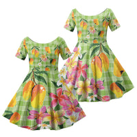 Aloha Hawaii Palaka Print Mango Plumeria Family Matching Puletasi and Hawaiian Shirt Cool Mint