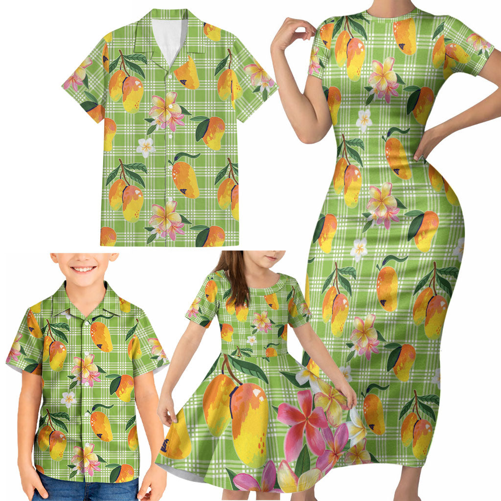 Aloha Hawaii Palaka Print Mango Plumeria Family Matching Short Sleeve Bodycon Dress and Hawaiian Shirt Cool Mint