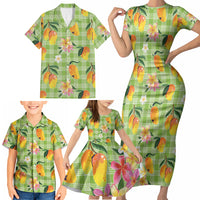 Aloha Hawaii Palaka Print Mango Plumeria Family Matching Short Sleeve Bodycon Dress and Hawaiian Shirt Cool Mint