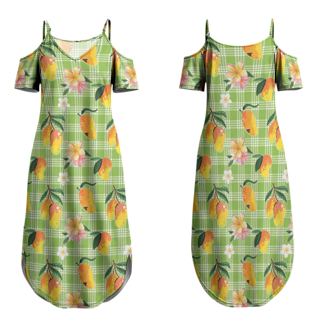 Aloha Hawaii Palaka Print Mango Plumeria Family Matching Summer Maxi Dress and Hawaiian Shirt Cool Mint