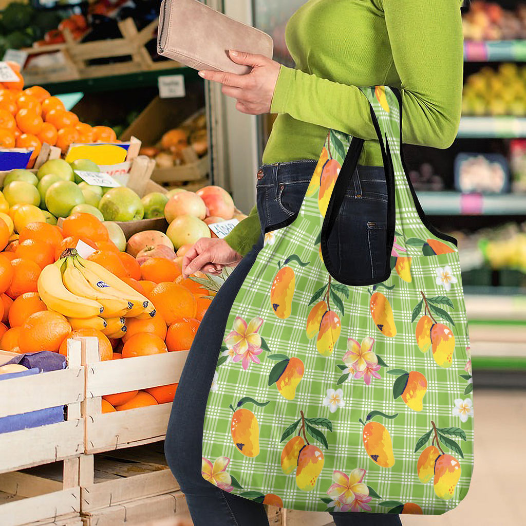 Aloha Hawaii Palaka Print Mango Plumeria Grocery Bag Cool Mint
