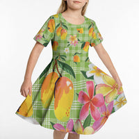 Aloha Hawaii Palaka Print Mango Plumeria Kid Short Sleeve Dress Cool Mint