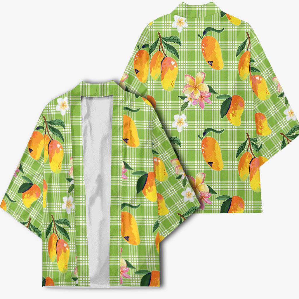 Aloha Hawaii Palaka Print Mango Plumeria Kimono Cool Mint