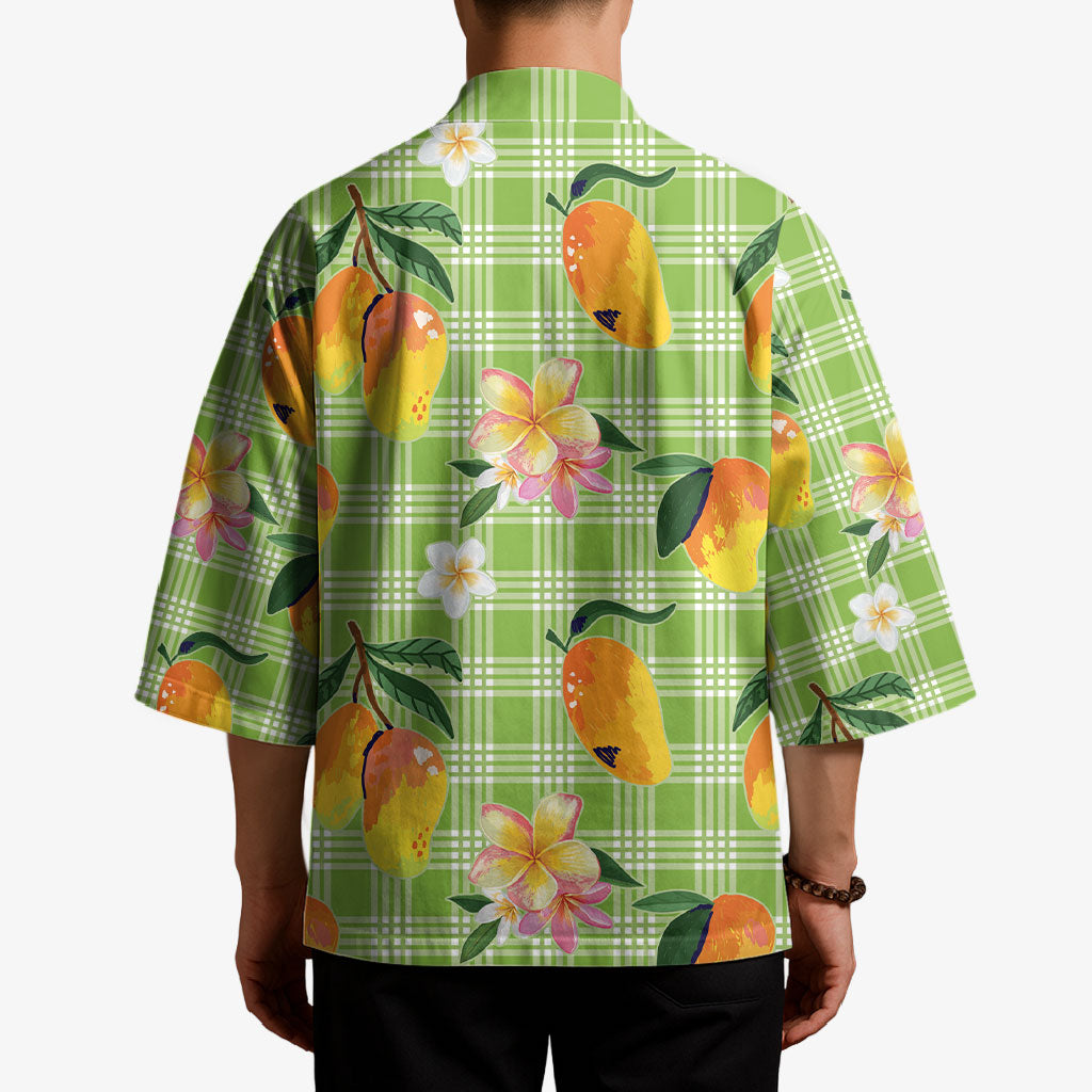Aloha Hawaii Palaka Print Mango Plumeria Kimono Cool Mint