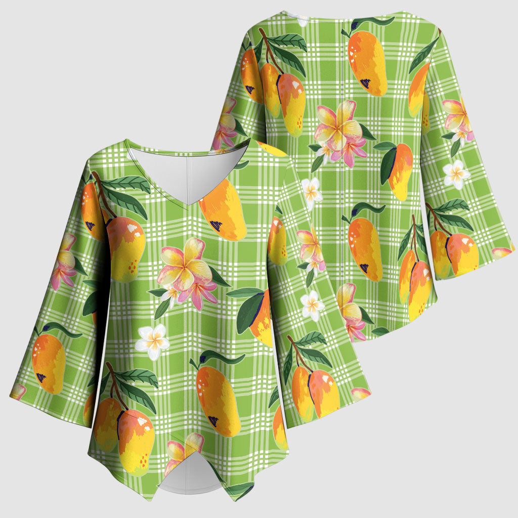 Aloha Hawaii Palaka Print Mango Plumeria Kimono Sleeve Blouse Cool Mint