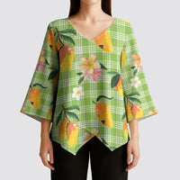 Aloha Hawaii Palaka Print Mango Plumeria Kimono Sleeve Blouse Cool Mint