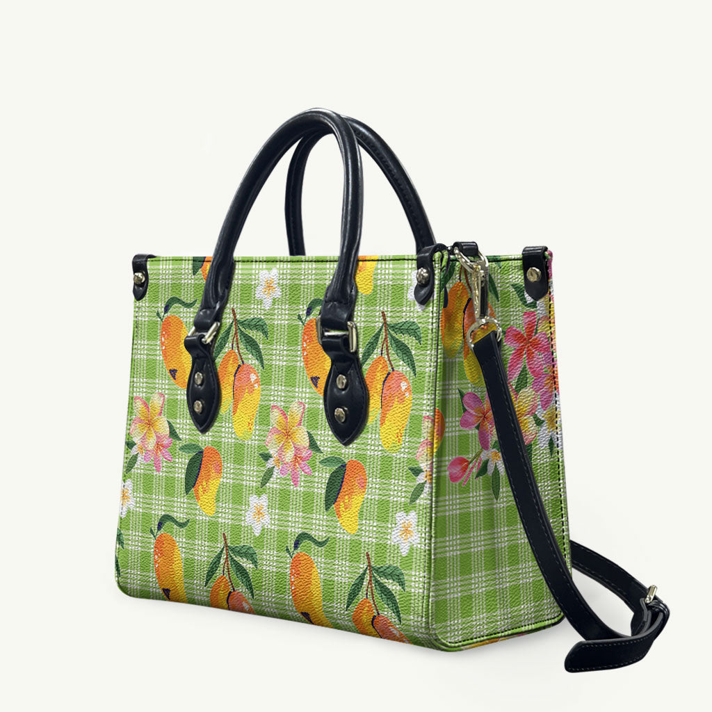 Aloha Hawaii Palaka Print Mango Plumeria Leather Bag Cool Mint