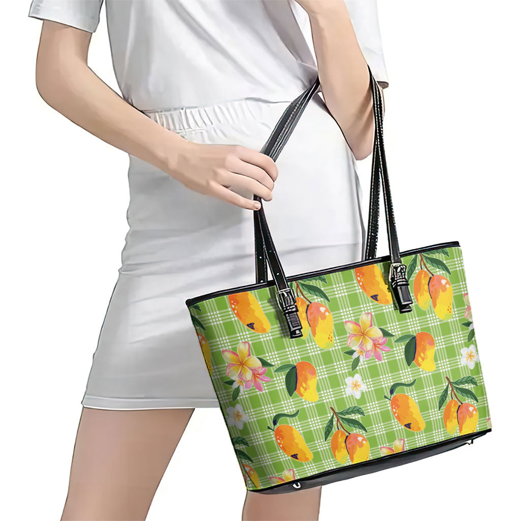 Aloha Hawaii Palaka Print Mango Plumeria Leather Tote Bag Cool Mint