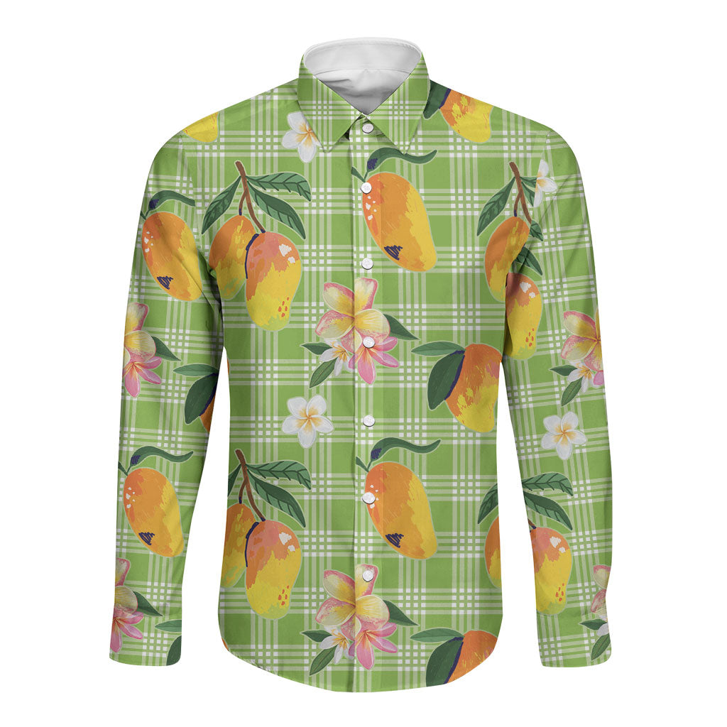 Aloha Hawaii Palaka Print Mango Plumeria Long Sleeve Button Shirt Cool Mint
