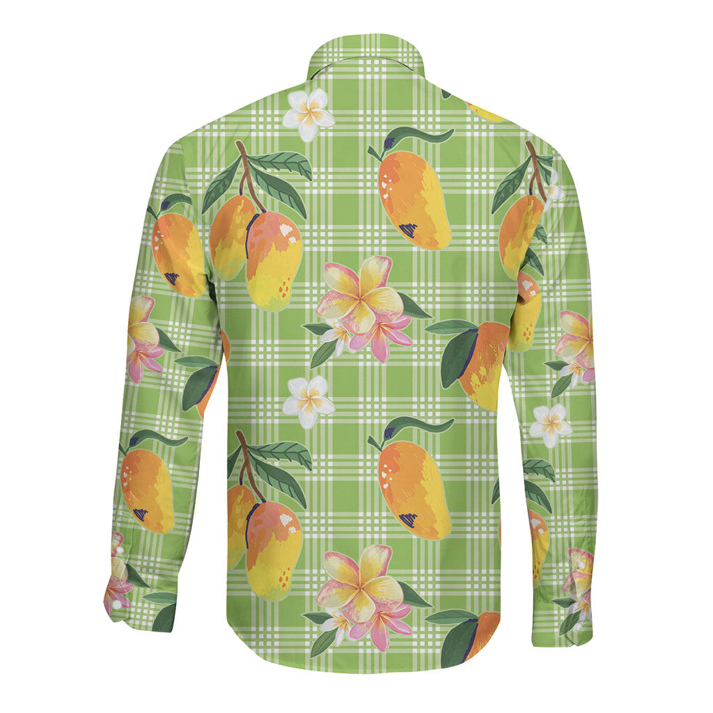 Aloha Hawaii Palaka Print Mango Plumeria Long Sleeve Button Shirt Cool Mint