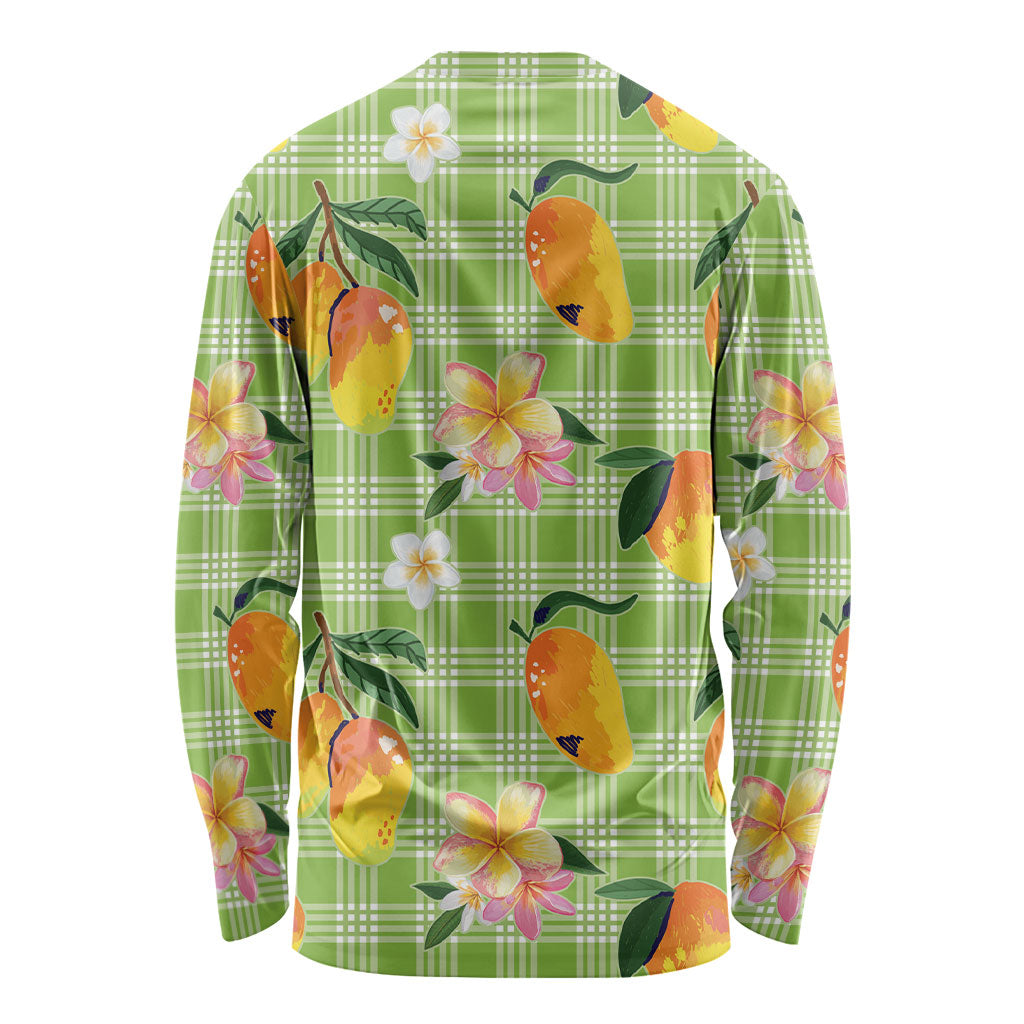Aloha Hawaii Palaka Print Mango Plumeria Long Sleeve Shirt Cool Mint
