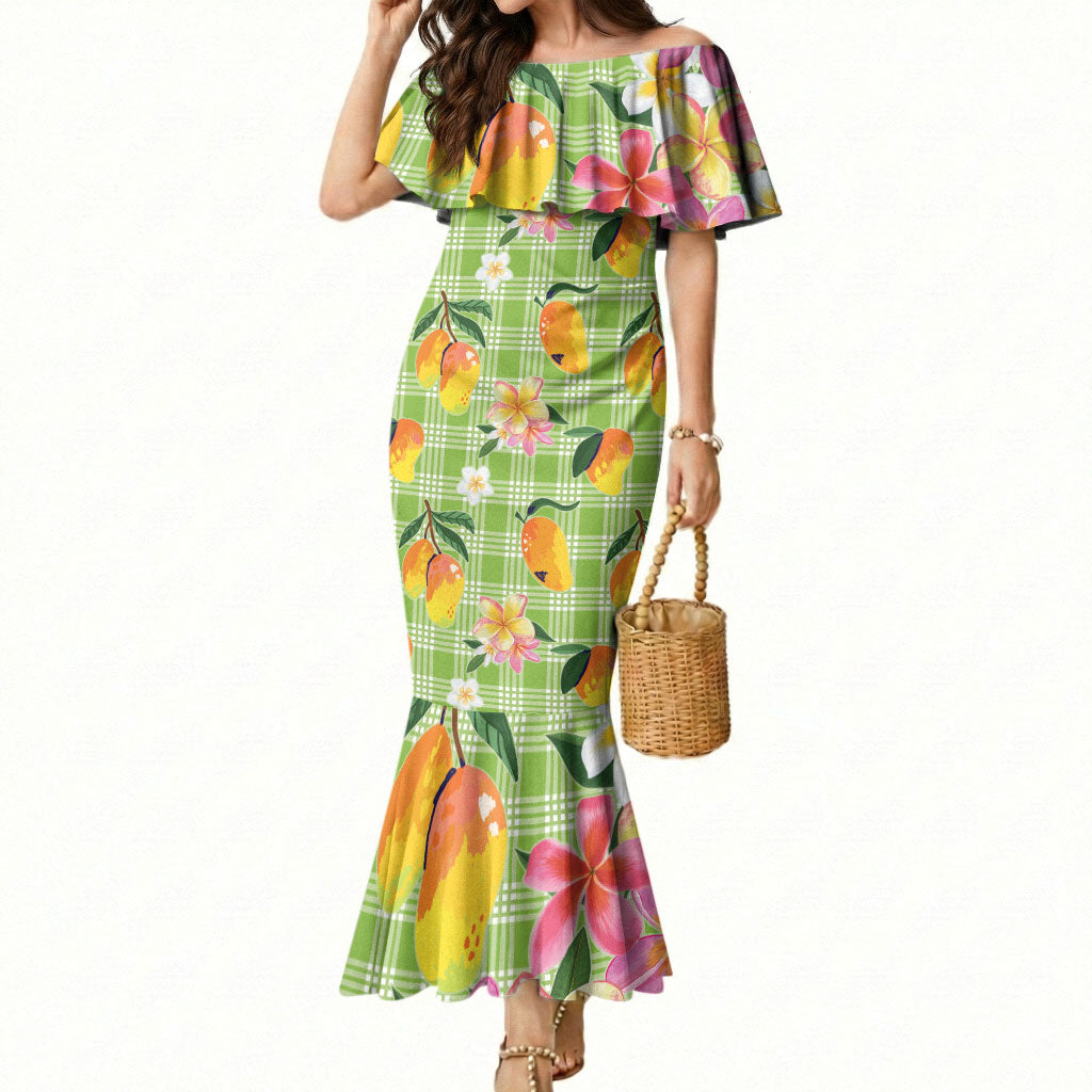 Aloha Hawaii Palaka Print Mango Plumeria Mermaid Dress Cool Mint