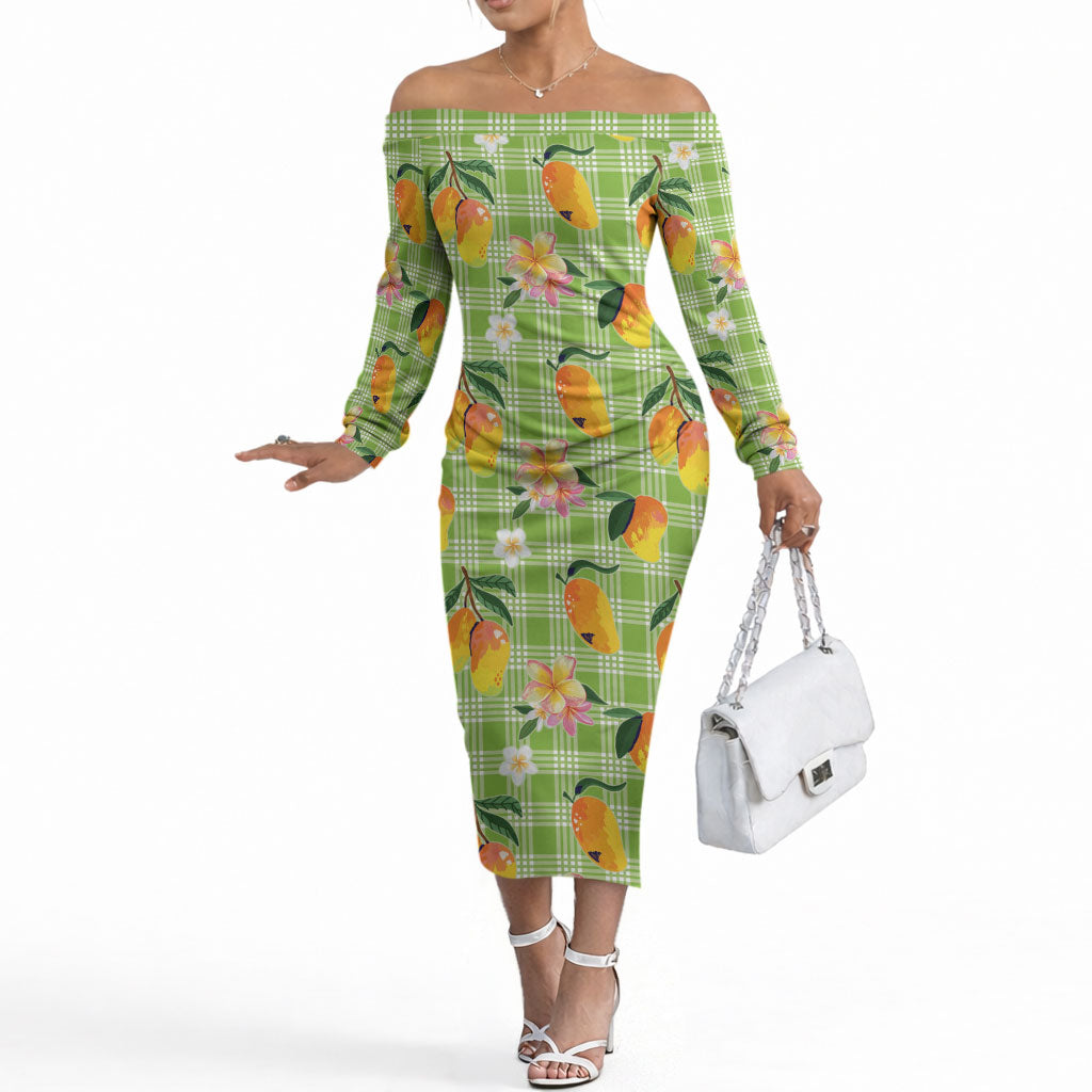 Aloha Hawaii Palaka Print Mango Plumeria Off The Shoulder Long Sleeve Dress Cool Mint