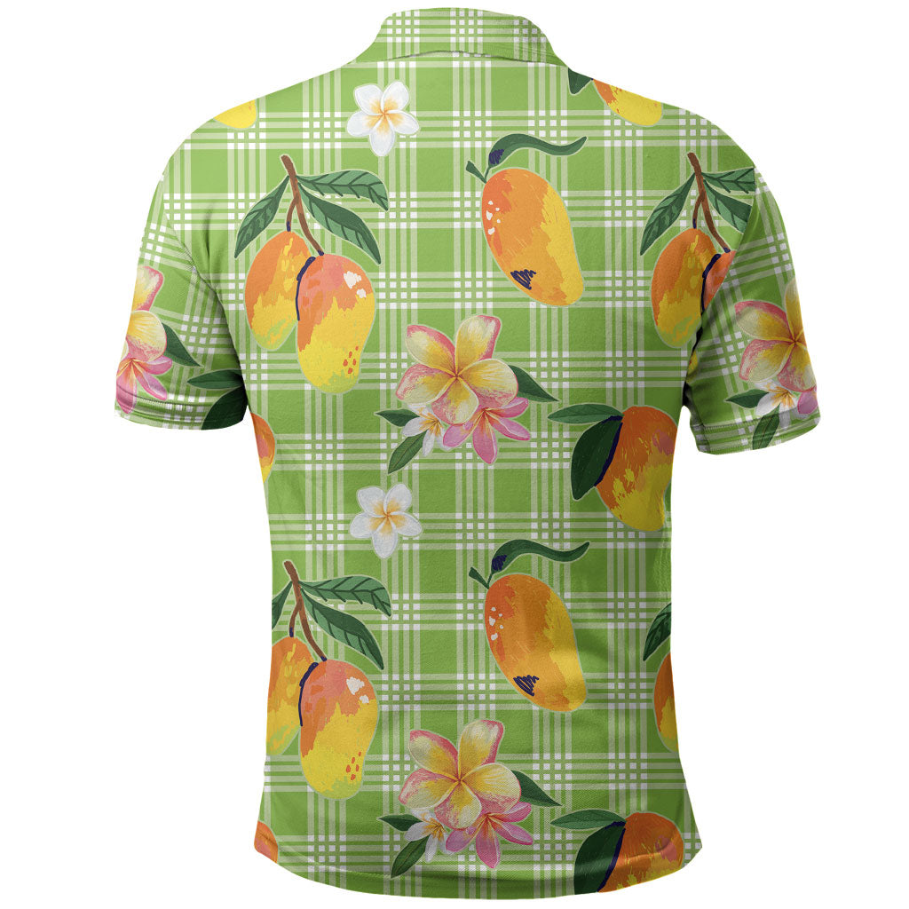Aloha Hawaii Palaka Print Mango Plumeria Polo Shirt Cool Mint