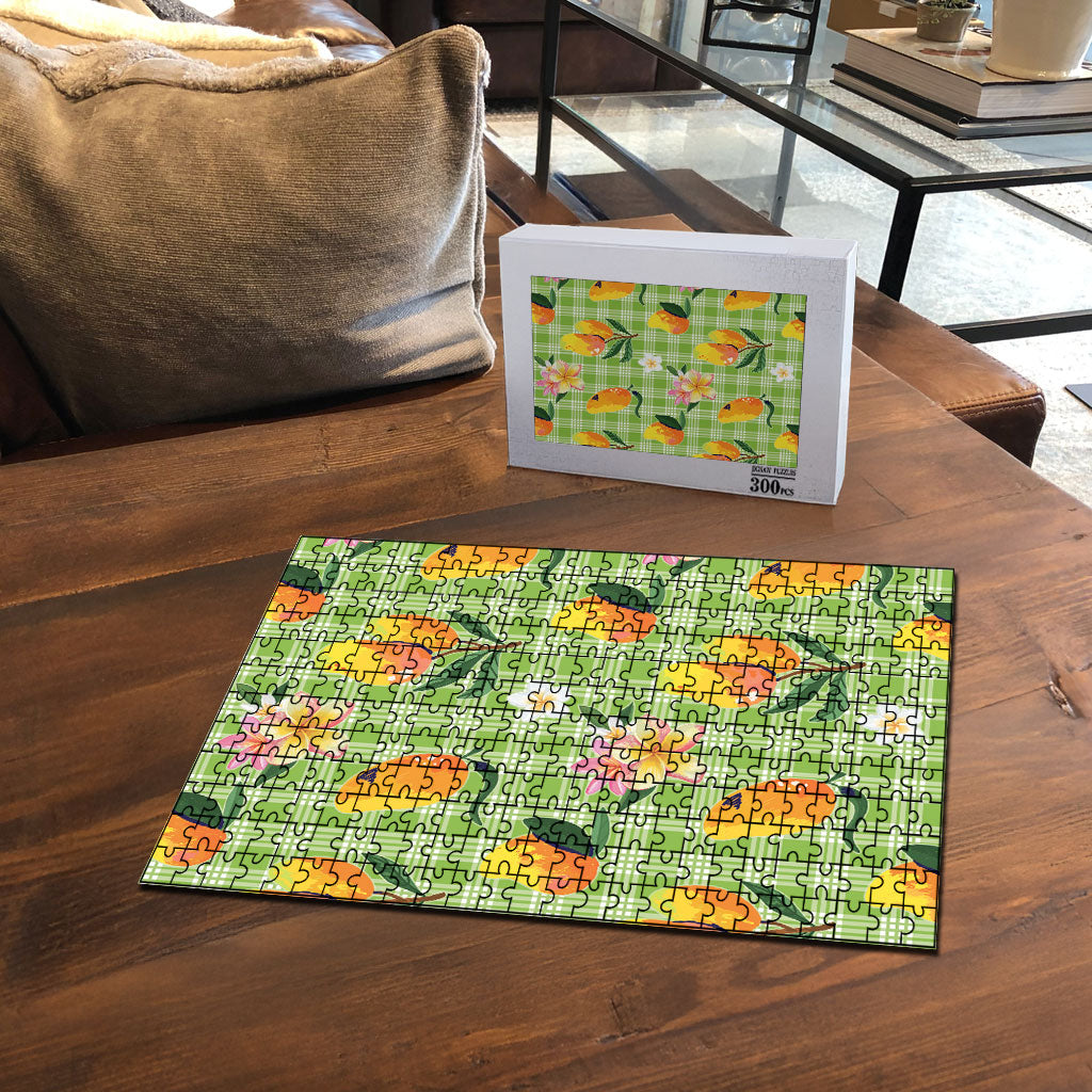 Aloha Hawaii Palaka Print Mango Plumeria Puzzle Cool Mint