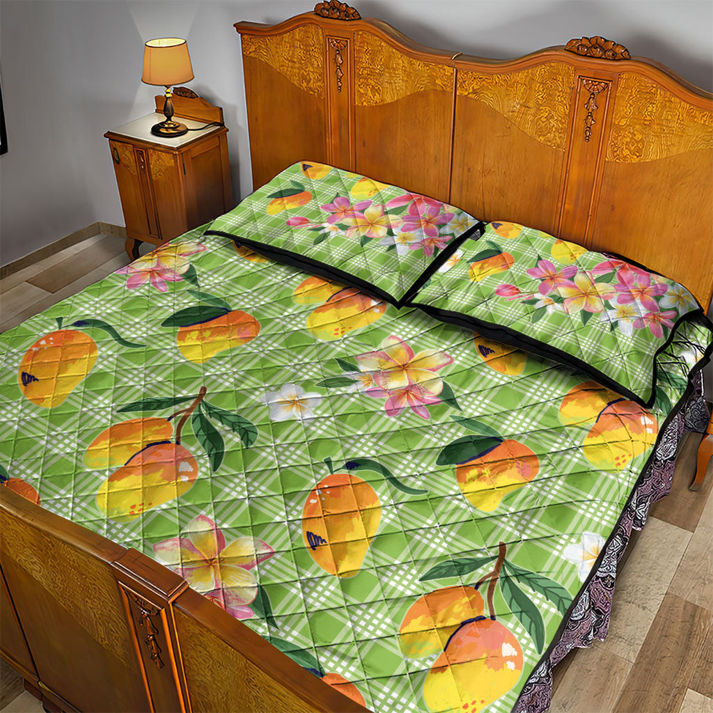Aloha Hawaii Palaka Print Mango Plumeria Quilt Bed Set Cool Mint