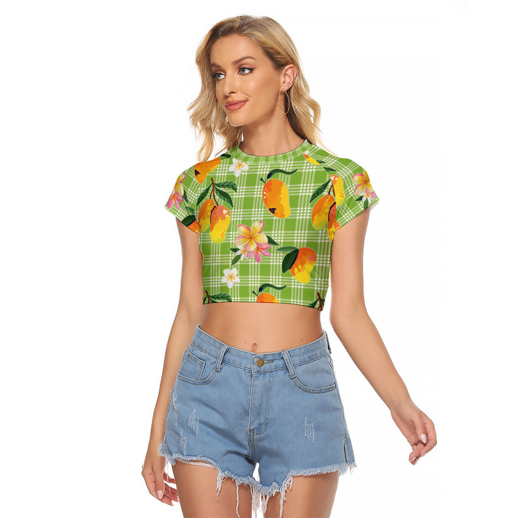 Aloha Hawaii Palaka Print Mango Plumeria Raglan Cropped T Shirt Cool Mint