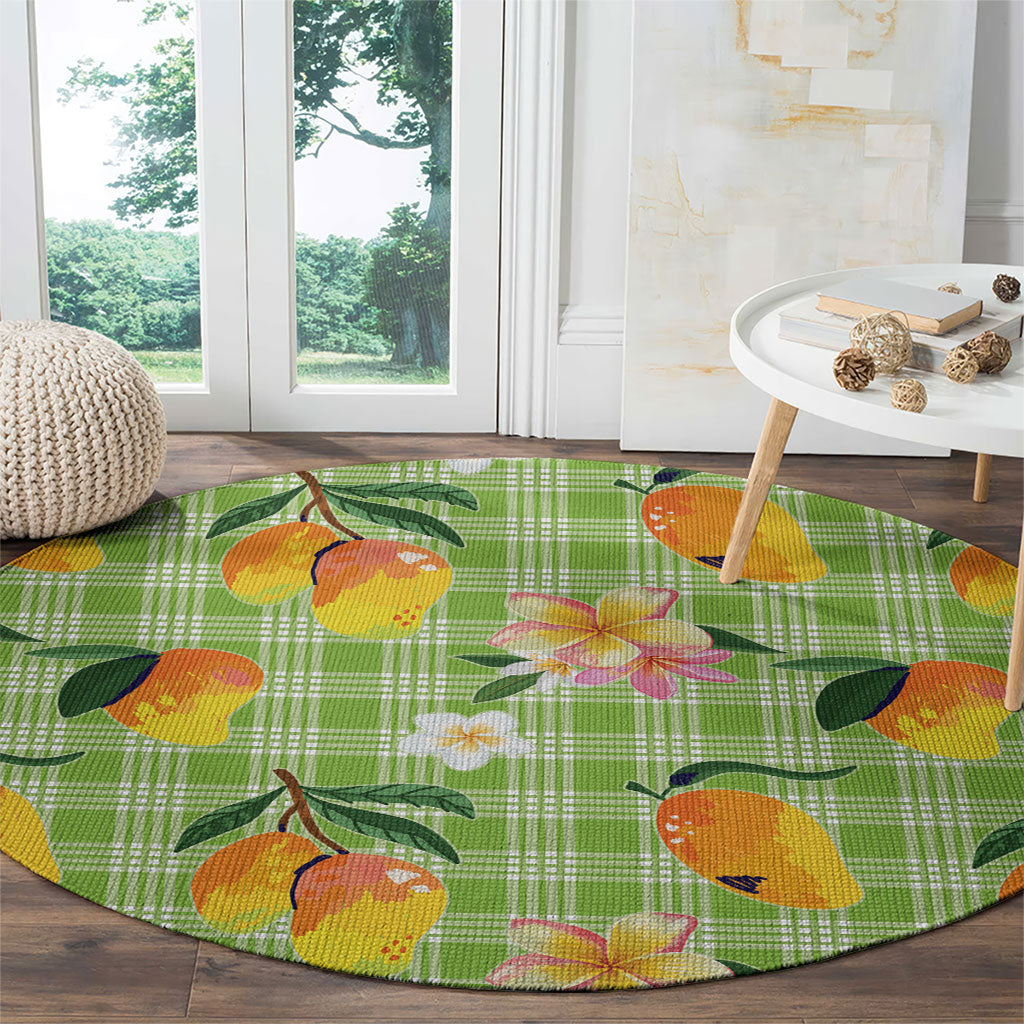 Aloha Hawaii Palaka Print Mango Plumeria Round Carpet Cool Mint