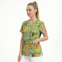 Aloha Hawaii Palaka Print Mango Plumeria Scrub Top Cool Mint
