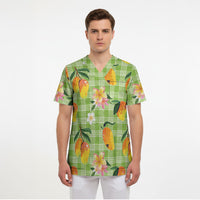 Aloha Hawaii Palaka Print Mango Plumeria Scrub Top Cool Mint