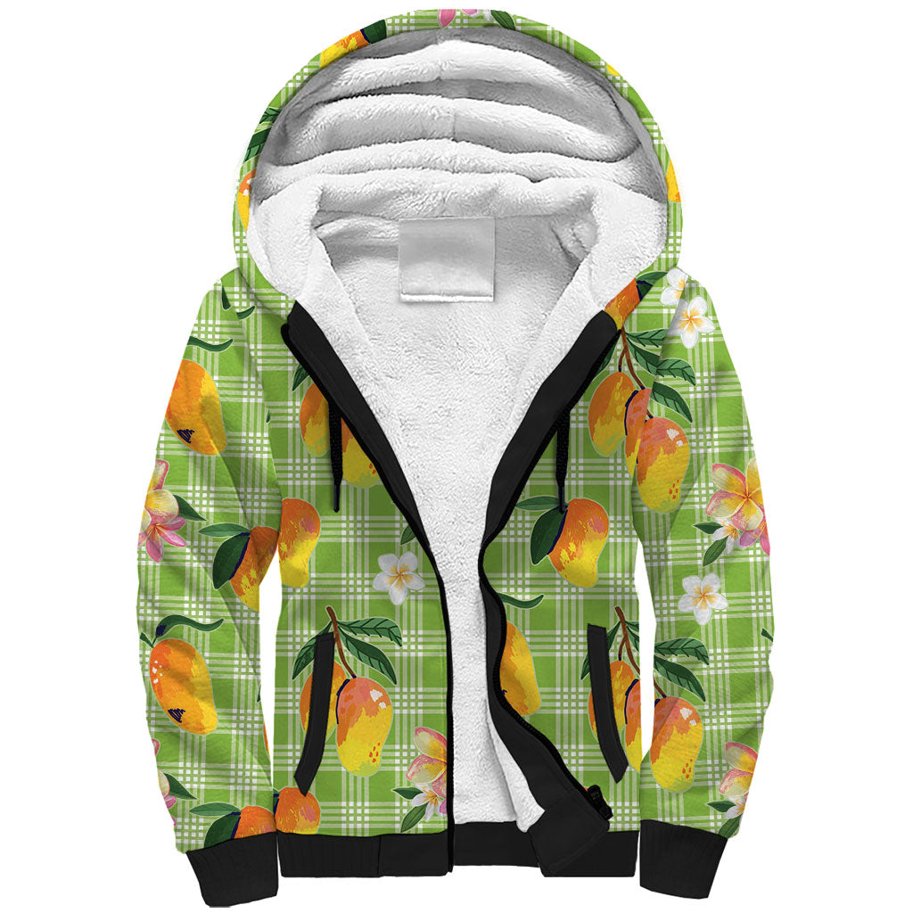 Aloha Hawaii Palaka Print Mango Plumeria Sherpa Hoodie Cool Mint