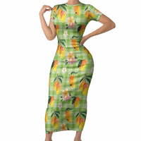 Aloha Hawaii Palaka Print Mango Plumeria Short Sleeve Bodycon Dress Cool Mint