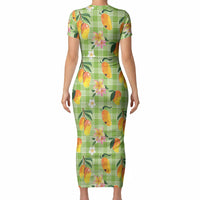 Aloha Hawaii Palaka Print Mango Plumeria Short Sleeve Bodycon Dress Cool Mint