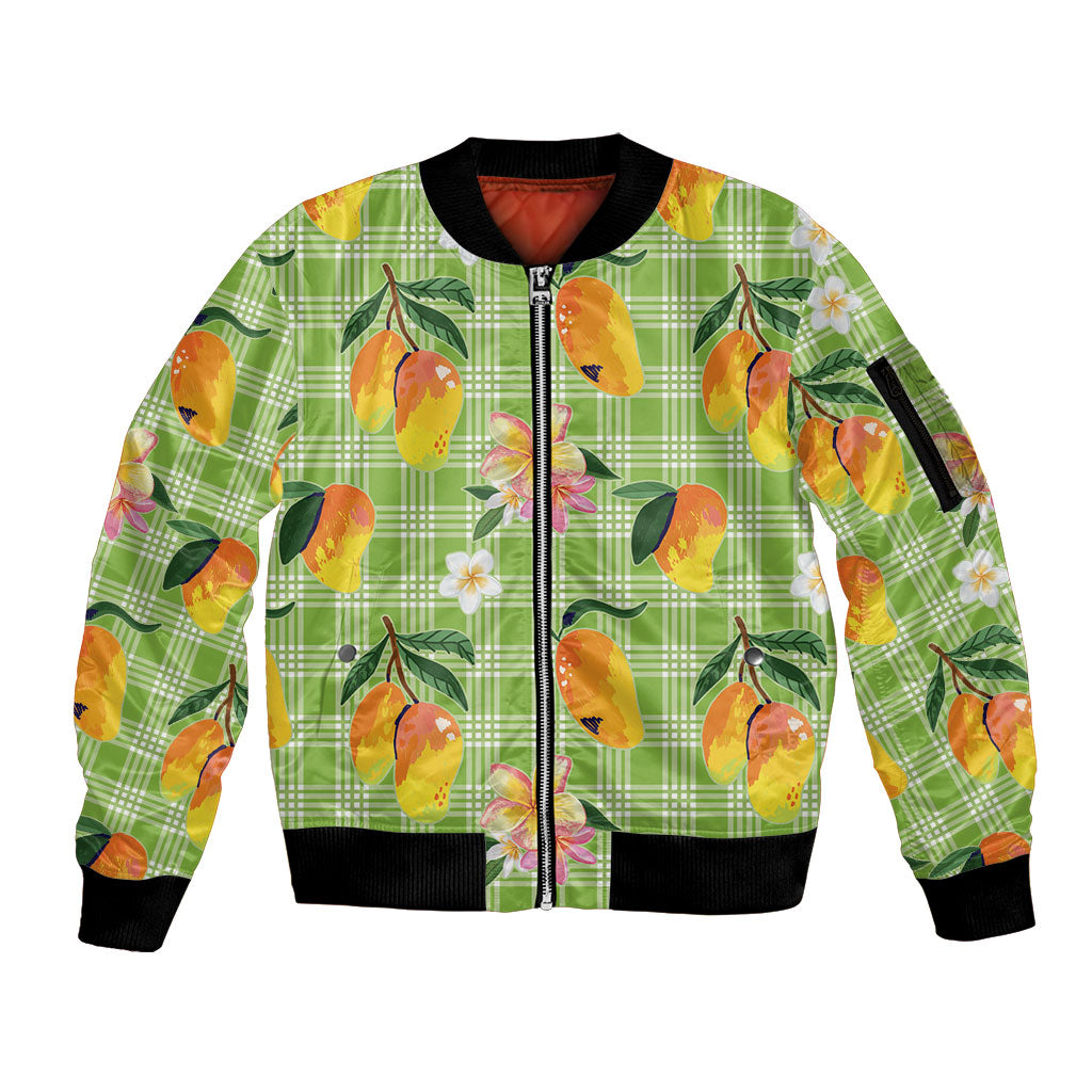 Aloha Hawaii Palaka Print Mango Plumeria Sleeve Zip Bomber Jacket Cool Mint