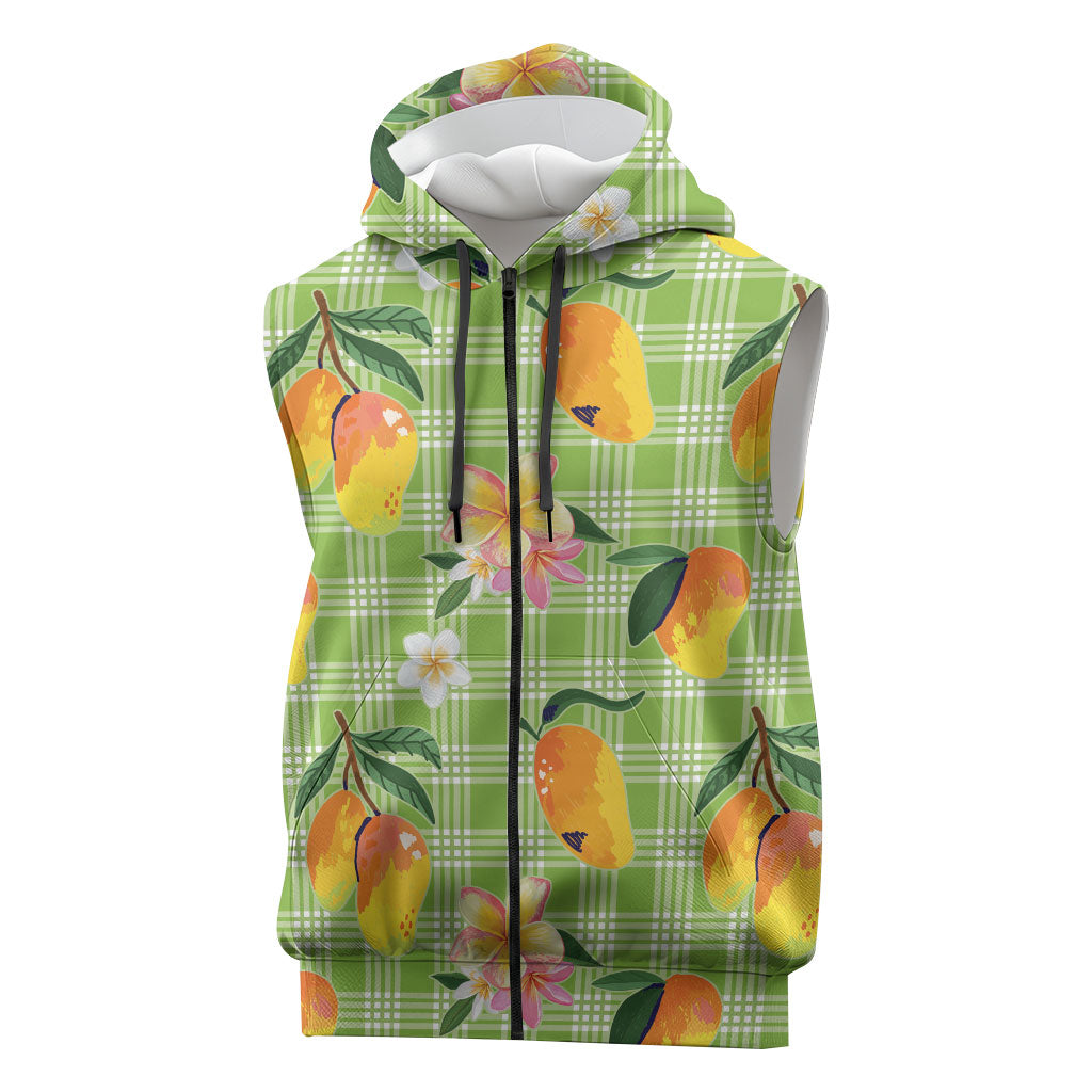 Aloha Hawaii Palaka Print Mango Plumeria Sleeveless Zip Hoodie Cool Mint