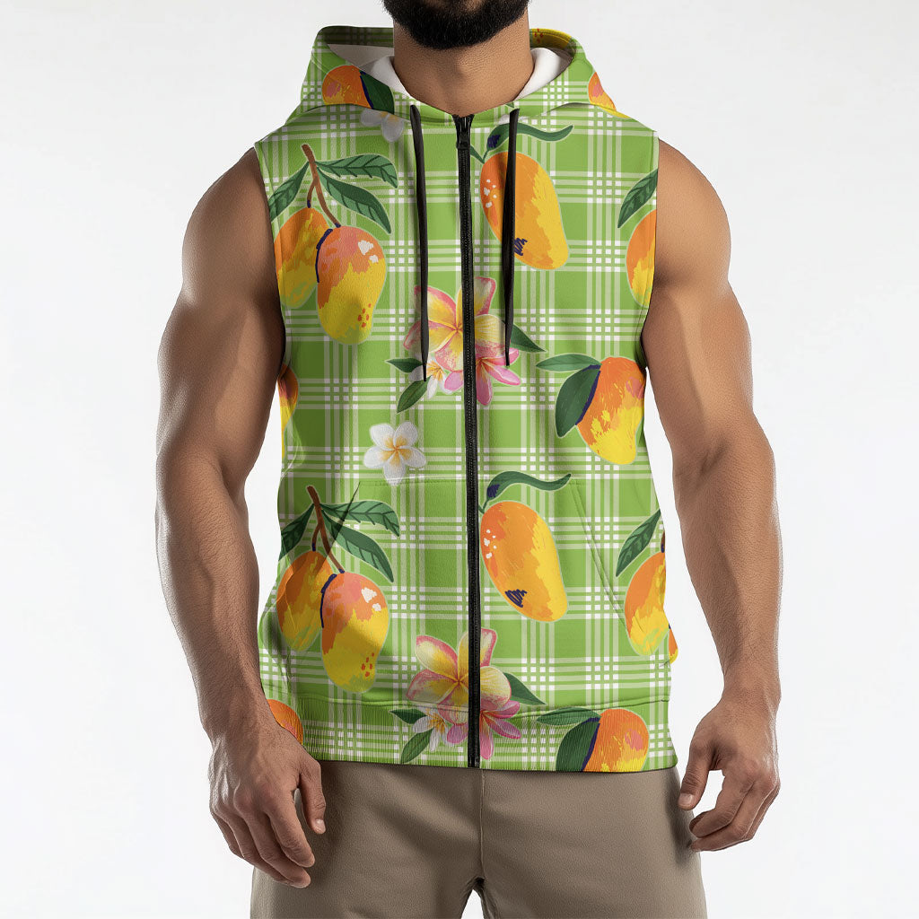 Aloha Hawaii Palaka Print Mango Plumeria Sleeveless Zip Hoodie Cool Mint