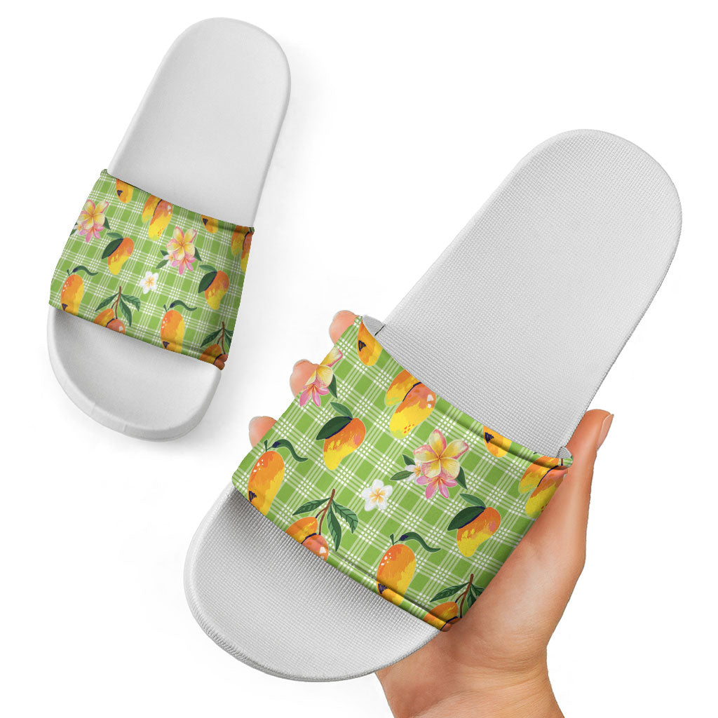 Aloha Hawaii Palaka Print Mango Plumeria Slide Sandals Cool Mint