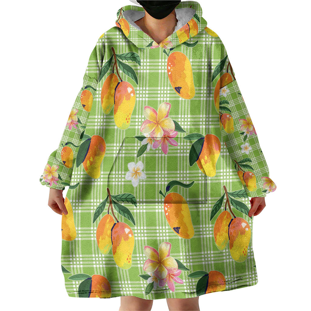 Aloha Hawaii Palaka Print Mango Plumeria Wearable Blanket Hoodie Cool Mint