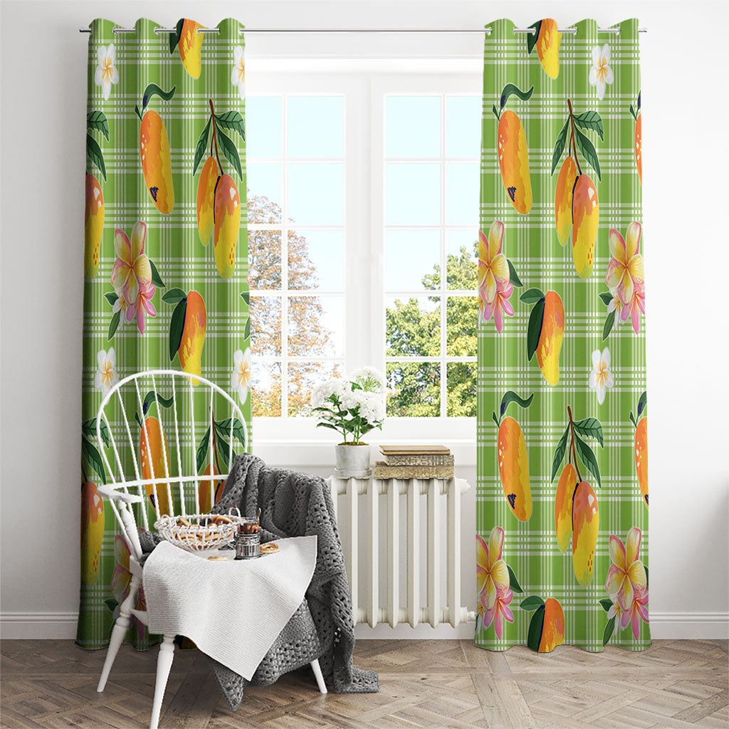 Aloha Hawaii Palaka Print Mango Plumeria Window Curtain Cool Mint